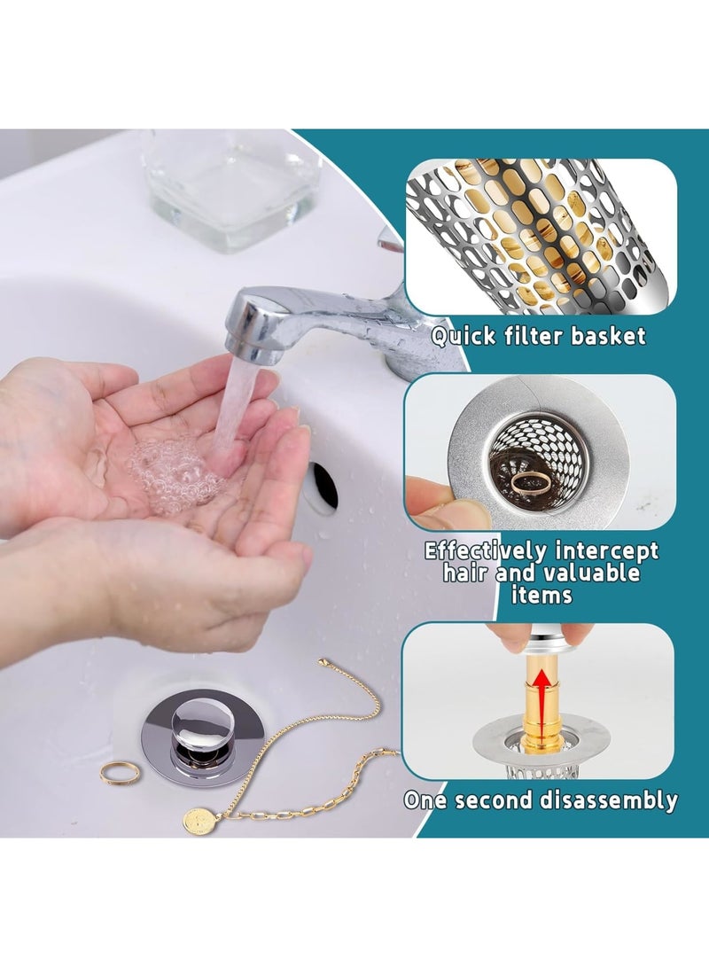 SYOSI Bathroom Sink Stopper, Universal Drain Filter for 2.5 to 3.8 cm Sinks, Stainless Steel Pop Up Drain Stopper with Removable Hair Strainer, Easy to Install for Bathroom Kitchen Wash Basin 2 Pack - Image 2
