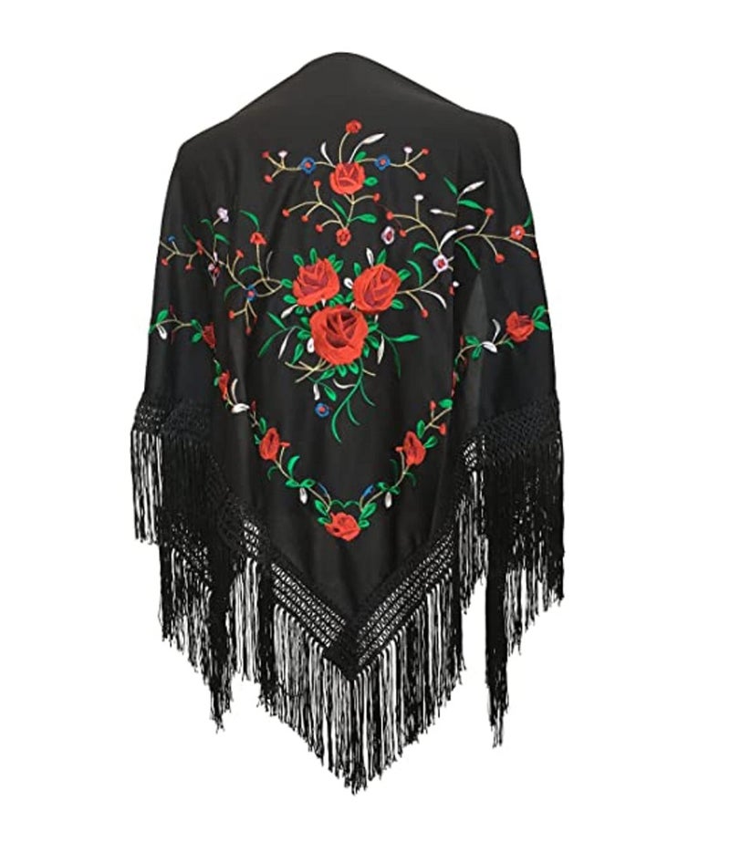 AMINA Medium Peak Shawl Triangular Flamingo or Sevillanas (170 x 70 cm) Black Embroidered Red/Green - Image 5