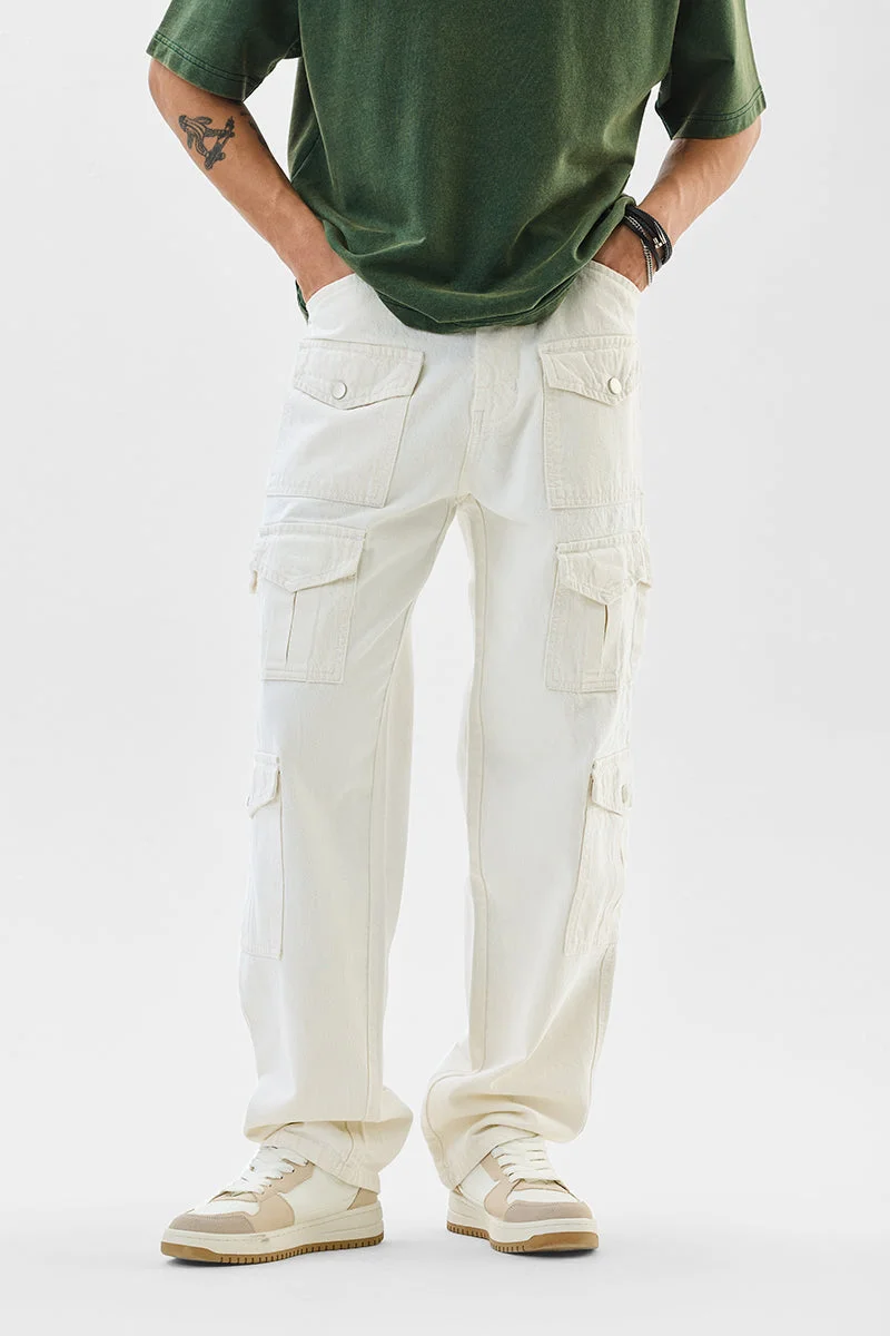 سنيتش بنطلون كارغو قطني مريح بلون أوف وايت