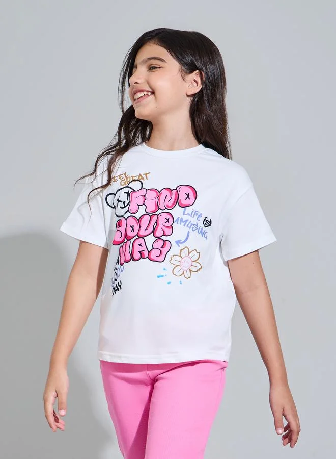 Styli Teen Girls Off White Oversize graphic Print T-Shirt