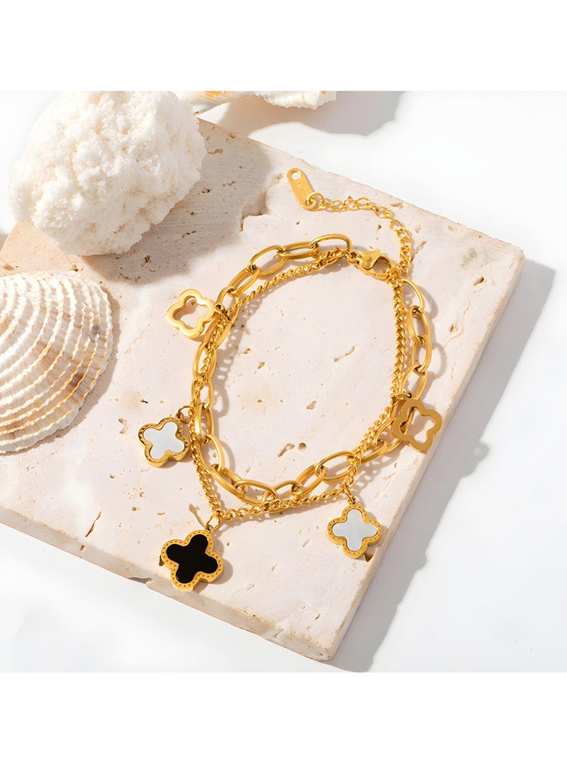 SOLARAE سوار رباعي الأوراق، سوار من الفولاذ التيتانيوم المطلي بالذهب، سوار محظوظ للنساء، سوار ذهبي، هدايا مجوهرات للبنات - Image 5