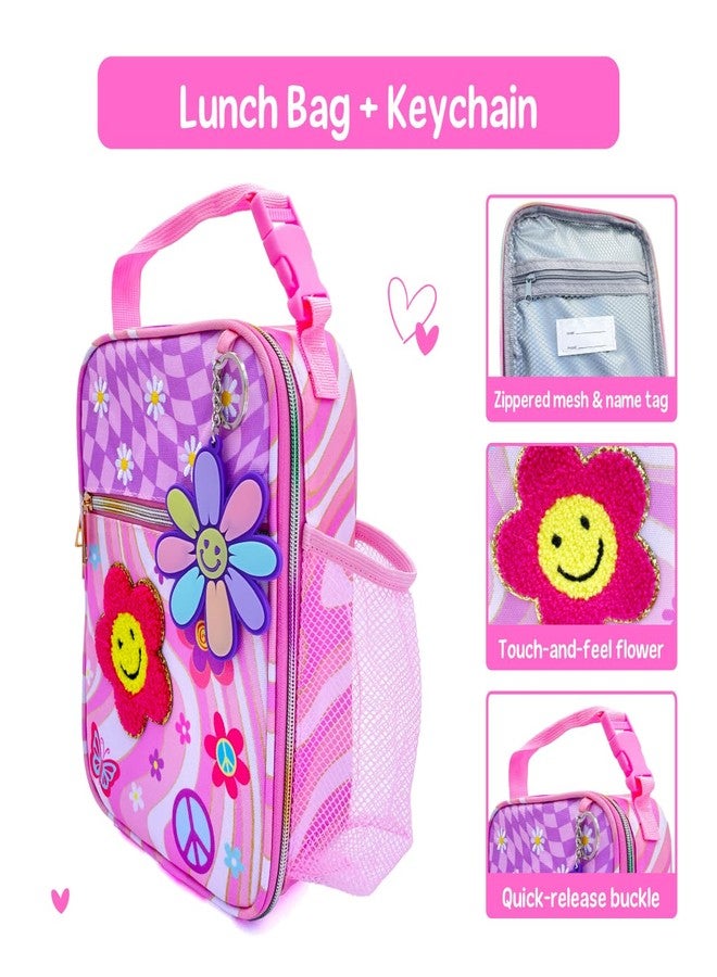 Hot Focus Groovy Flower Kids Lunch Set, Insulated Bag with Bento Box, Pink and Purple with Flower Design, Includes Keychain - Image 3