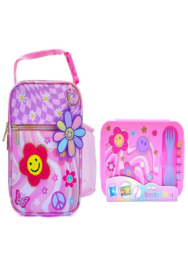 Hot Focus Groovy Flower Kids Lunch Set, Insulated Bag with Bento Box, Pink and Purple with Flower Design, Includes Keychain - Image 1