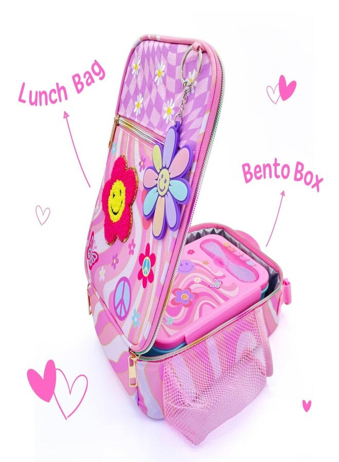 Hot Focus Groovy Flower Kids Lunch Set, Insulated Bag with Bento Box, Pink and Purple with Flower Design, Includes Keychain - Image 2