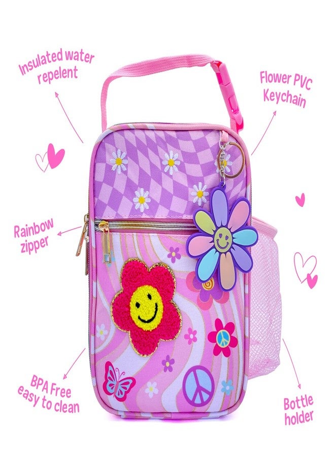 Hot Focus Groovy Flower Kids Lunch Set, Insulated Bag with Bento Box, Pink and Purple with Flower Design, Includes Keychain - Image 4