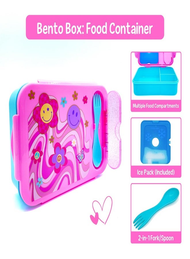 Hot Focus Groovy Flower Kids Lunch Set, Insulated Bag with Bento Box, Pink and Purple with Flower Design, Includes Keychain - Image 5