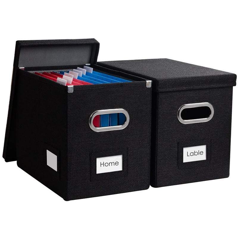 PRANDOM File Organizer Box Set of 2 Collapsible Decorative Linen Filing Storage Hanging File Folders with Lids Office Cabinet Letter Size Black 14x93x108 inch