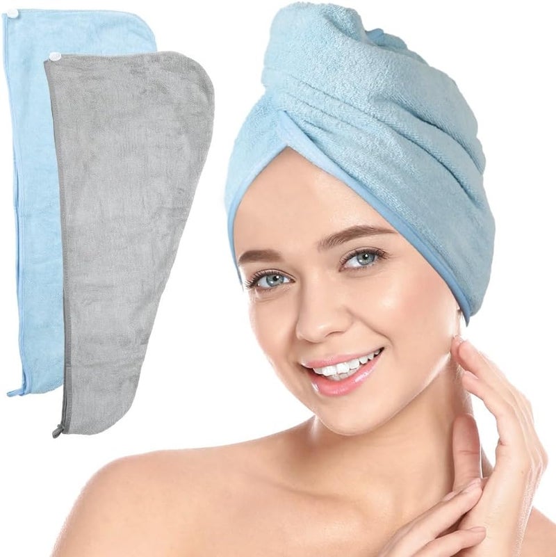 منشفة شعر ميكروفايبر احترافية من فور برو، 2-pack لفافة شعر سريعة التجفيف للنساء، 10" × 26"، رمادي بارد + أزرق سماوي