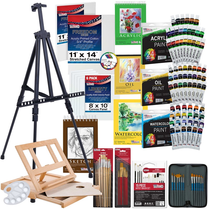 US Art Supply 133Piece Artist Painting Kit Aluminum Wood Easel 24 Each Acrylic Oil Watercolor Paints 8 Canvases 44 Brushes 4 Paint Sketch Pads Painting Kits for Adults Gift Set