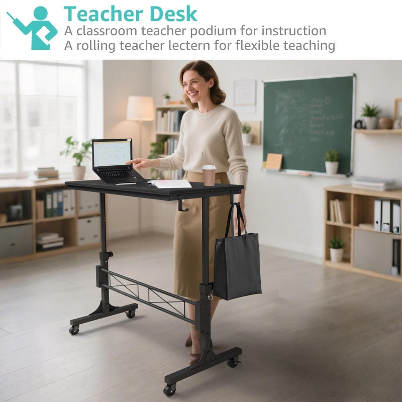 WINAZ Small Portable Rolling Standing Desk - 32 Inch Adjustable Height Mobile Teacher Podium on Wheels for Classroom, Stand Up Desks for Treadmill Walking Pad, Couch Sofa Side Laptop Table, Black - Image 2