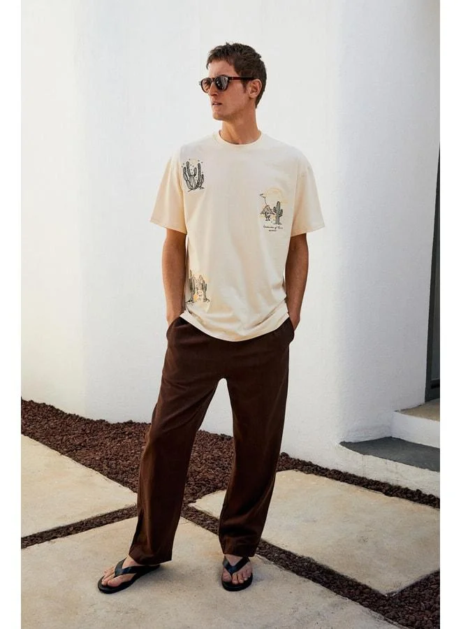GRIMELANGE BOLICHE Men's Crew Neck %100 Organic Cotton Oversized Fit Light Beige T-Shirt.