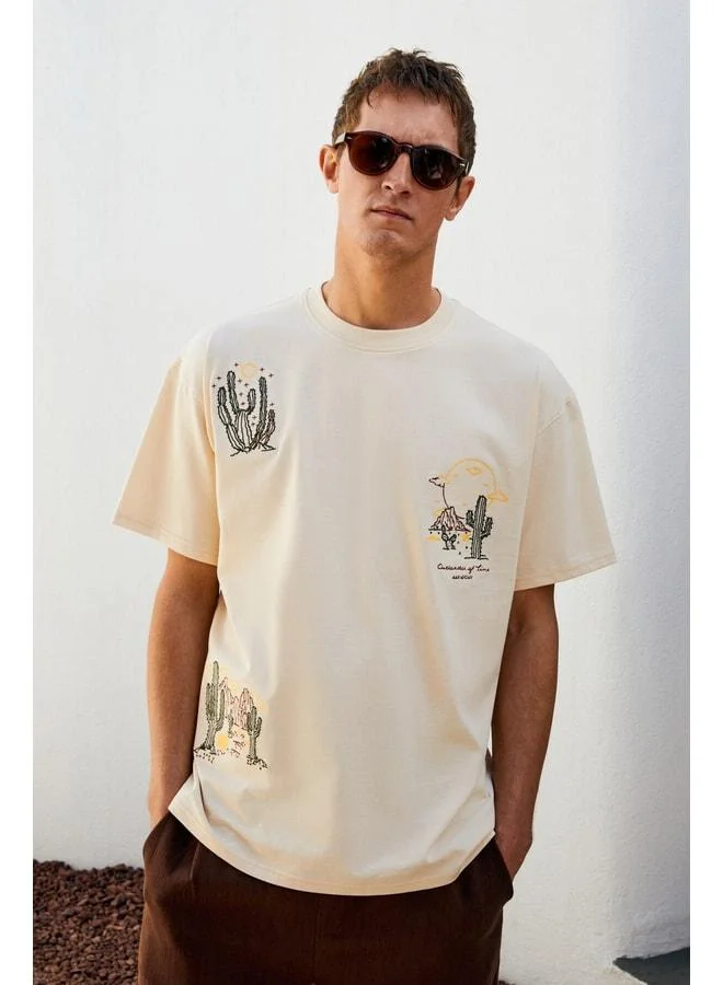 GRIMELANGE BOLICHE Men's Crew Neck %100 Organic Cotton Oversized Fit Light Beige T-Shirt.