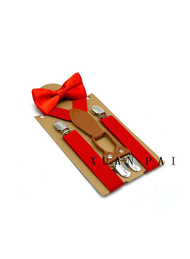Children's Solid Color All-match 4-clip Back Strap Bow Knot Suit Baby Men's And Women's Fashion Suspenders Bow Knot Two-piece Set Fashionable