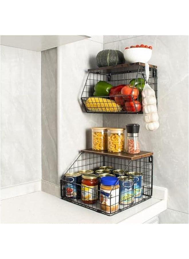 HOOKOR - Durku Fruit Basket, Stackable Wall Mounted Fruit Baskets, Potato Basket Onion Storage for Kitchen, Hanging Wire Basket with Wood Lid, 2-Tier Vegetable Organizer Kitchen Countertop Organization - Image 1