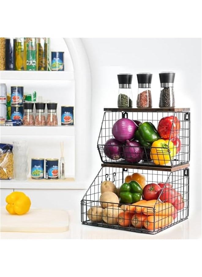 HOOKOR - Durku Fruit Basket, Stackable Wall Mounted Fruit Baskets, Potato Basket Onion Storage for Kitchen, Hanging Wire Basket with Wood Lid, 2-Tier Vegetable Organizer Kitchen Countertop Organization - Image 1