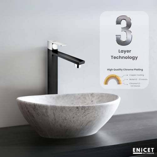 ENICET Wash Basin Tap, Matte Black, SS-304, Table Top Basin Tap, High Neck Pillar Cock, Black Taps for Bathroom, Tall Extended Body, Foam Flow (Square Black and Silver) - Image 3