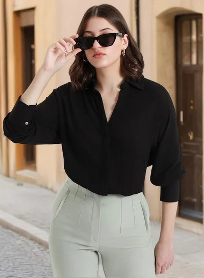 Dennis Lingo Women's Black Viscose Crepe Solid Pattern Relaxed Shirt