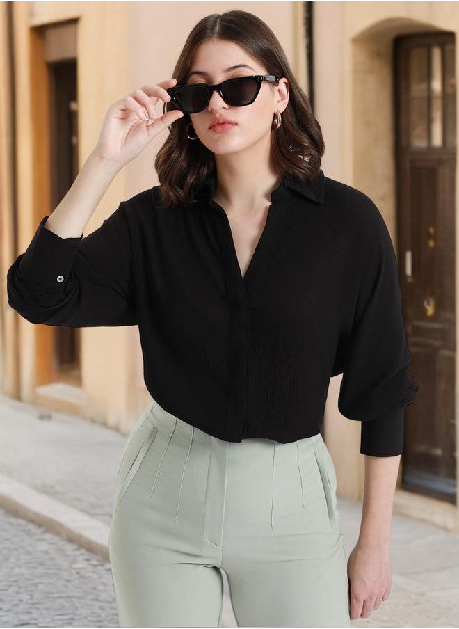 Dennis Lingo - Black Relaxed Fit Shirt for Women - Viscose Crepe, Full Sleeves, Shirt Collar, Solid, Casual, Wash Care - Image 1