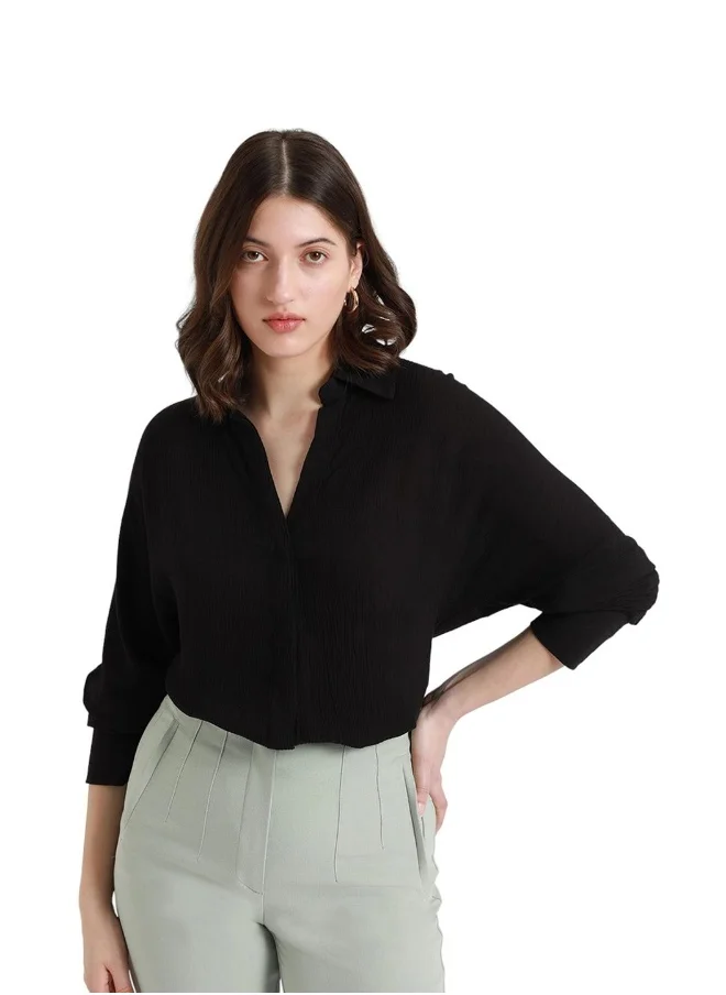 دينيس لينغو Black Relaxed Fit Shirt for Women - Viscose Crepe, Full Sleeves, Shirt Collar, Solid, Casual, Wash Care