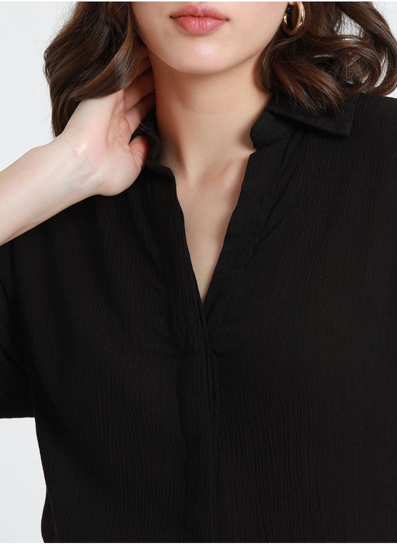 Dennis Lingo - Black Relaxed Fit Shirt for Women - Viscose Crepe, Full Sleeves, Shirt Collar, Solid, Casual, Wash Care - Image 1