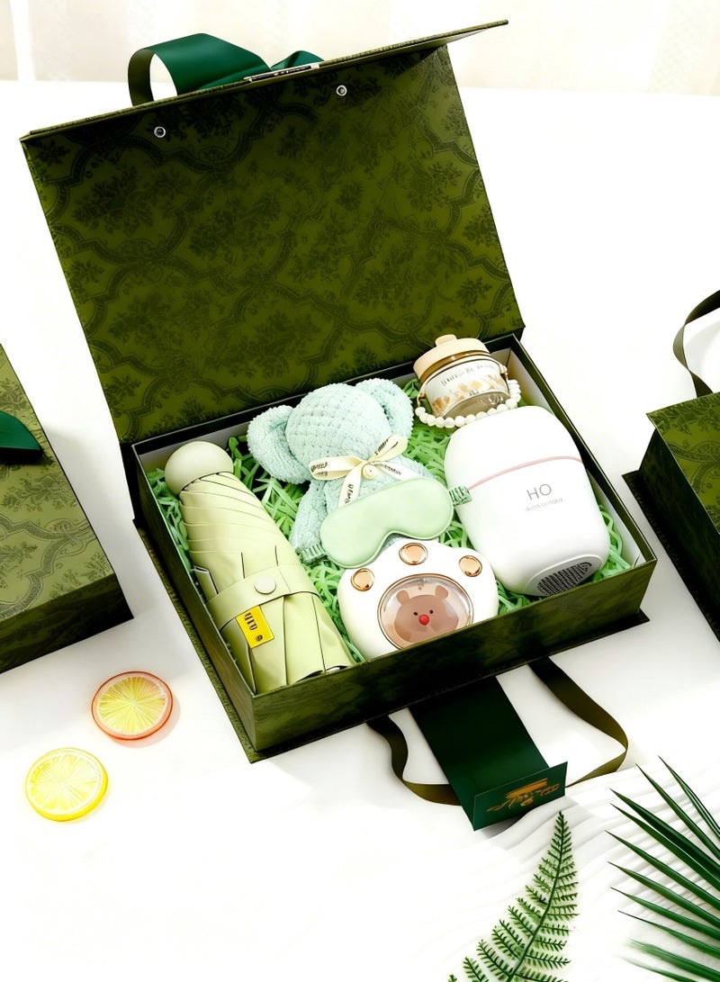 Green Luxury Gift Set – 8-in-1 Practical Present Box with Hand Warmer Portable Umbrella Pearl Chain Mug Eye Mask Humidifier Bear Towel Scarf – Unisex Gift for Women Men – Ideal for Birthday Mother‘s Day Christmas Ramadan - Image 1