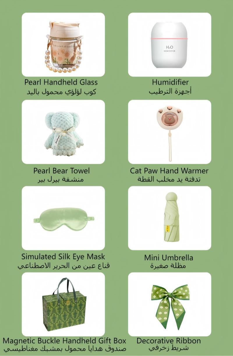 Green Luxury Gift Set – 8-in-1 Practical Present Box with Hand Warmer Portable Umbrella Pearl Chain Mug Eye Mask Humidifier Bear Towel Scarf – Unisex Gift for Women Men – Ideal for Birthday Mother‘s Day Christmas Ramadan - Image 2