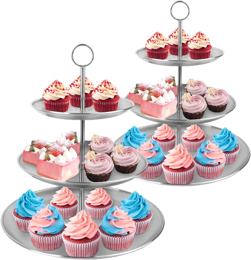 LIAISIMI 3 Tier Silver Cupcake Stand Stainless Steel Dessert Display Rack with Removable Tiered Tray for Parties,Weddings,Birthdays,Decorations,Any Festivals and Festivities(2 Pack) - Image 1