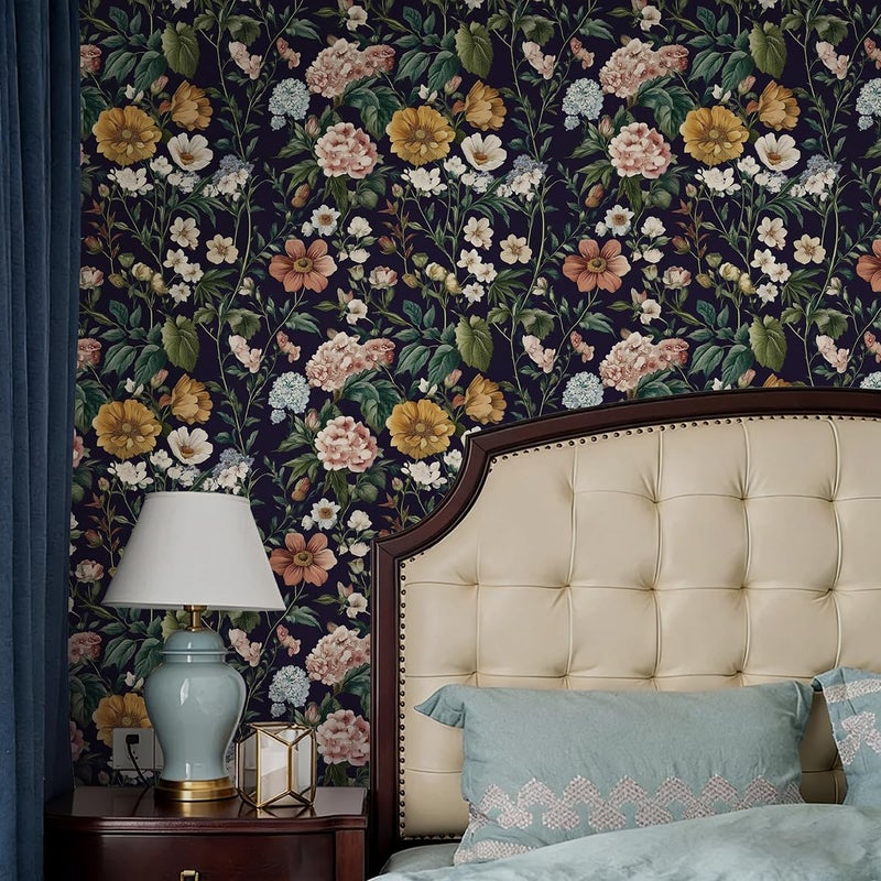 Livebor Floral Peel and Stick Wallpaper Vintage Floral Contact Paper 16.9"x118.1" Dark Flower Wallpaper Peel and Stick Boho Self Adhesive Removable Wall Paper for Cabinets Bathroom Decorative Vinyl - Image 2