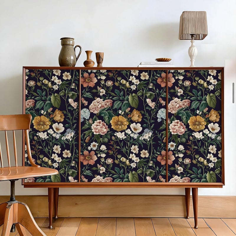 Livebor Floral Peel and Stick Wallpaper Vintage Floral Contact Paper 16.9"x118.1" Dark Flower Wallpaper Peel and Stick Boho Self Adhesive Removable Wall Paper for Cabinets Bathroom Decorative Vinyl - Image 3