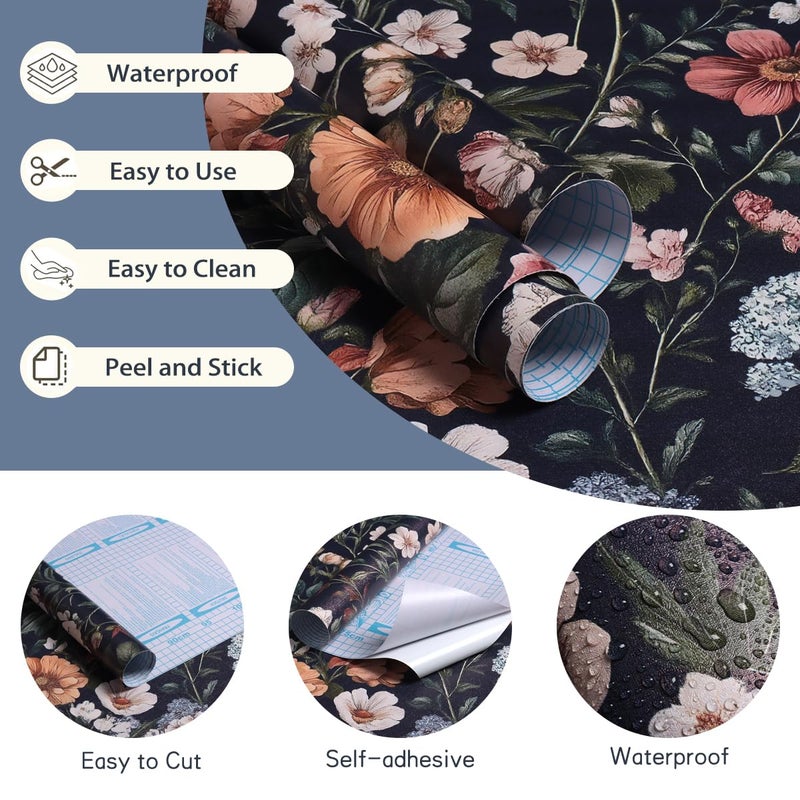 Livebor Floral Peel and Stick Wallpaper Vintage Floral Contact Paper 16.9"x118.1" Dark Flower Wallpaper Peel and Stick Boho Self Adhesive Removable Wall Paper for Cabinets Bathroom Decorative Vinyl - Image 5