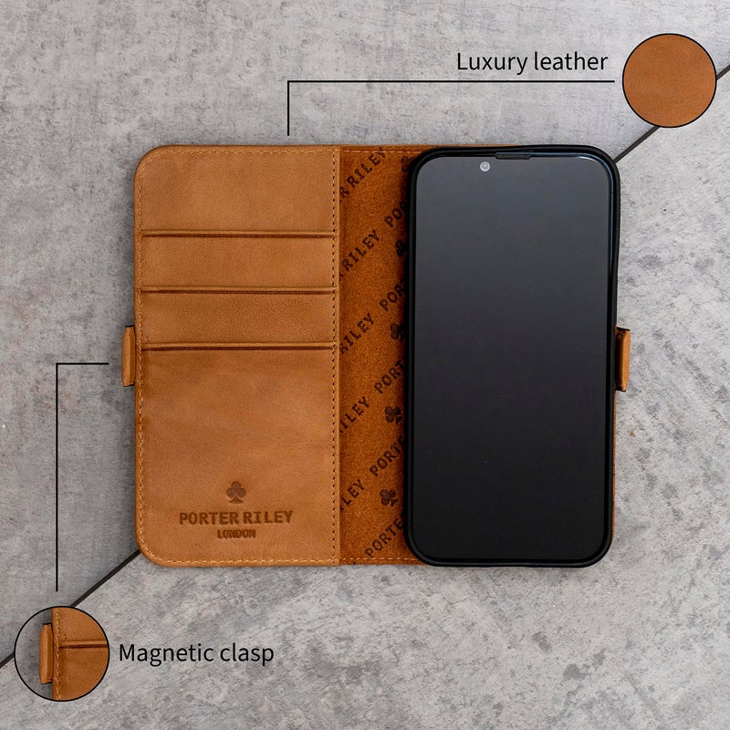 Porter Riley - Leather Case Compatible with iPhone 17 Pro Max. Premium Genuine Leather Stand/Cover/Wallet/Flip Case with Card Slots & Horizontal Stand (Black & Tan) - Image 3