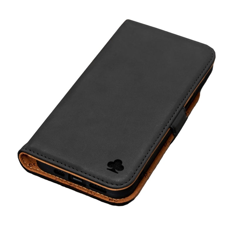 Porter Riley - Leather Case Compatible with iPhone 17 Pro Max. Premium Genuine Leather Stand/Cover/Wallet/Flip Case with Card Slots & Horizontal Stand (Black & Tan) - Image 1