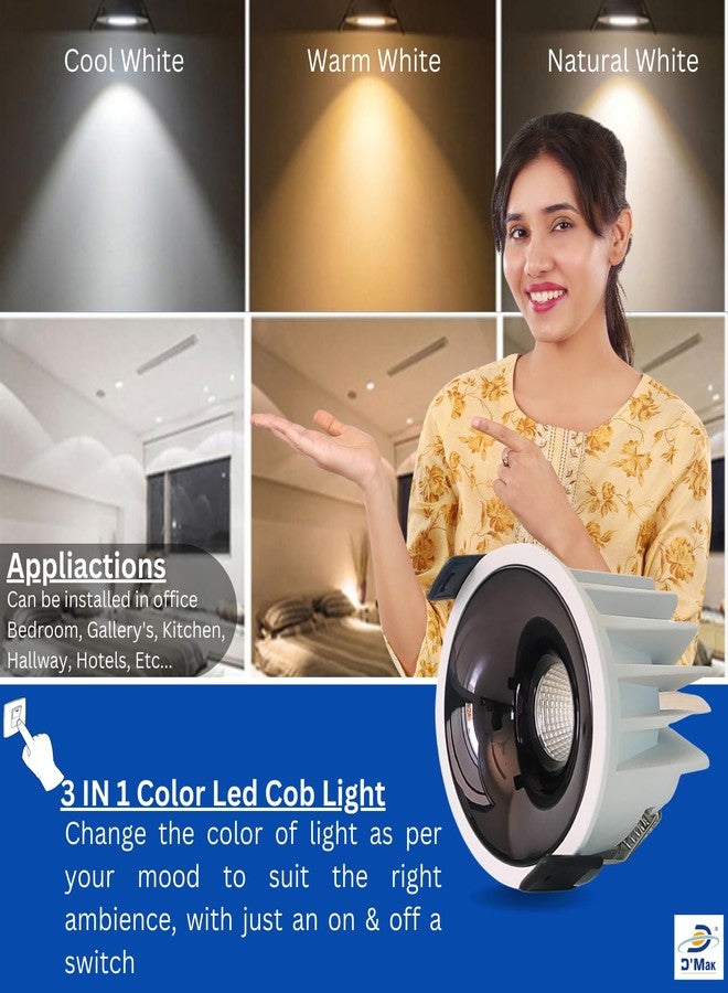 D'Mak 12W LED Creta COB Spot Light White Body Shining Black Reflector (Pack of 8, 3in1) - Image 2