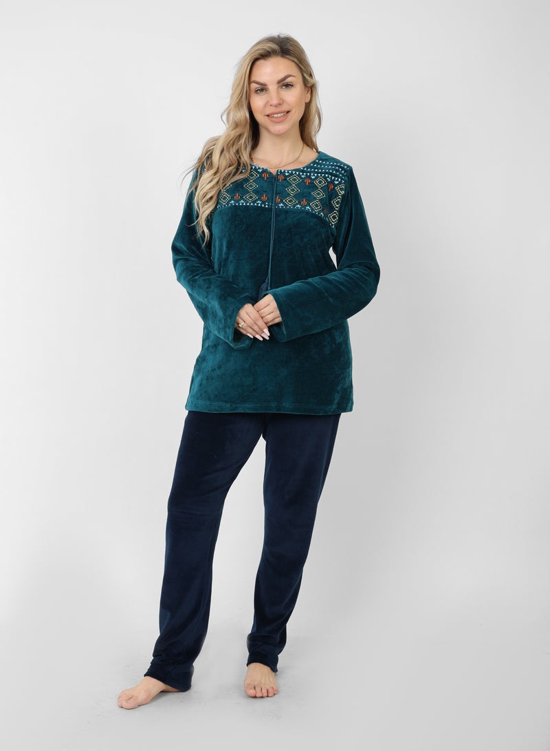zecotex  Elegance in Every Stitch – Velvet Pajamas with Exquisite Embroidery  - Image 1