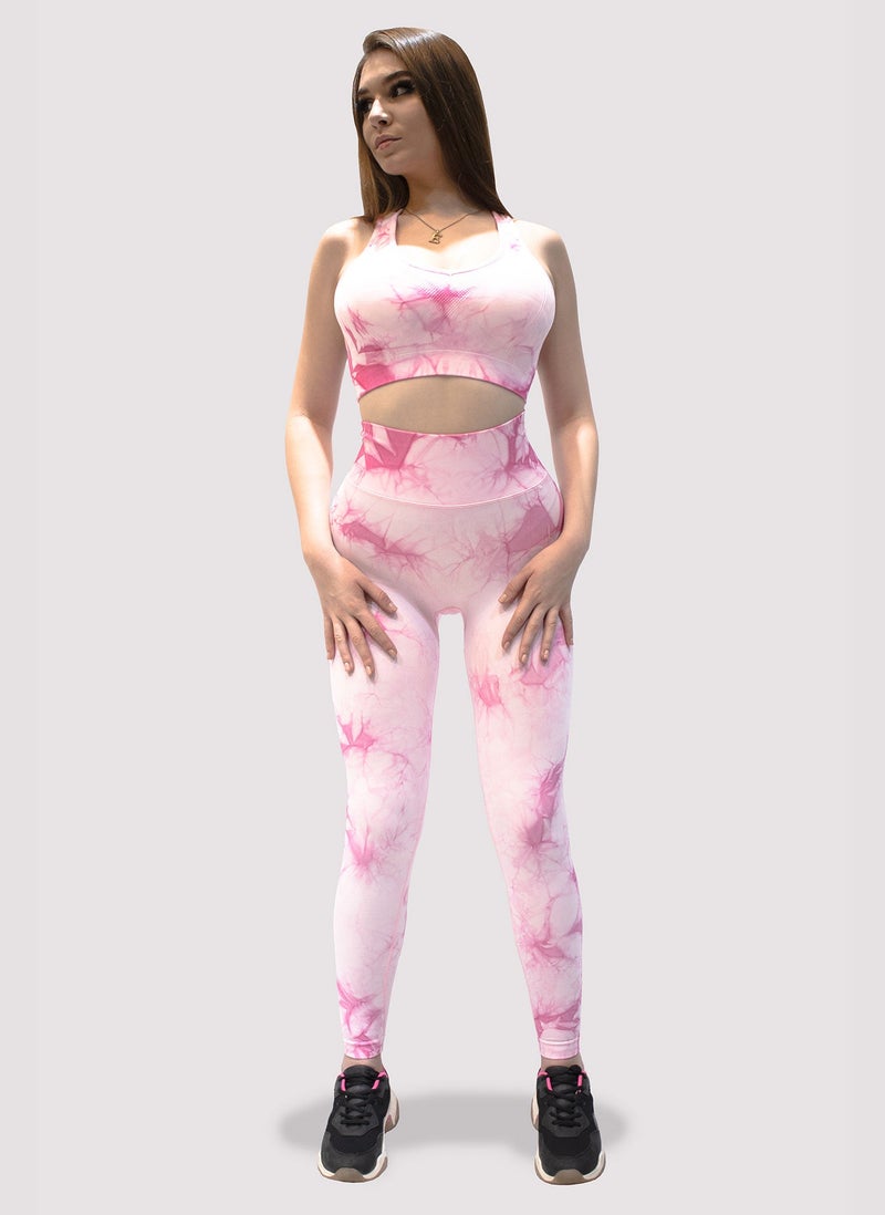 KIDWALA ACTIVE Kidwala 2 Pieces Tie Dye Set - High Waisted Leggings with Sports Strappy Back & round neck Bra Workout Gym Yoga Outfit for Women (Small, Pink) - Image 2