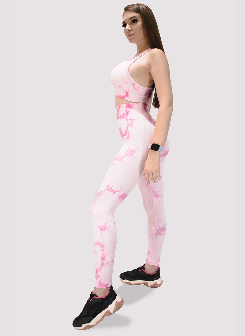 KIDWALA ACTIVE Kidwala 2 Pieces Tie Dye Set - High Waisted Leggings with Sports Strappy Back & round neck Bra Workout Gym Yoga Outfit for Women (Small, Pink) - Image 4