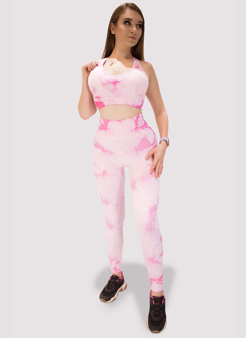 KIDWALA ACTIVE Kidwala 2 Pieces Tie Dye Set - High Waisted Leggings with Sports Strappy Back & round neck Bra Workout Gym Yoga Outfit for Women (Small, Pink) - Image 5