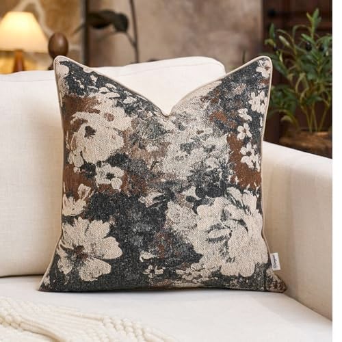 Yangest Neutral Flower Pillow Cover 18 x18 Inches Nature Chenille Square Throw Pillow Cover Soft Luxury Accent Couch Pillow Cover for Living Room Bedroom Coffee Brown - Image 1