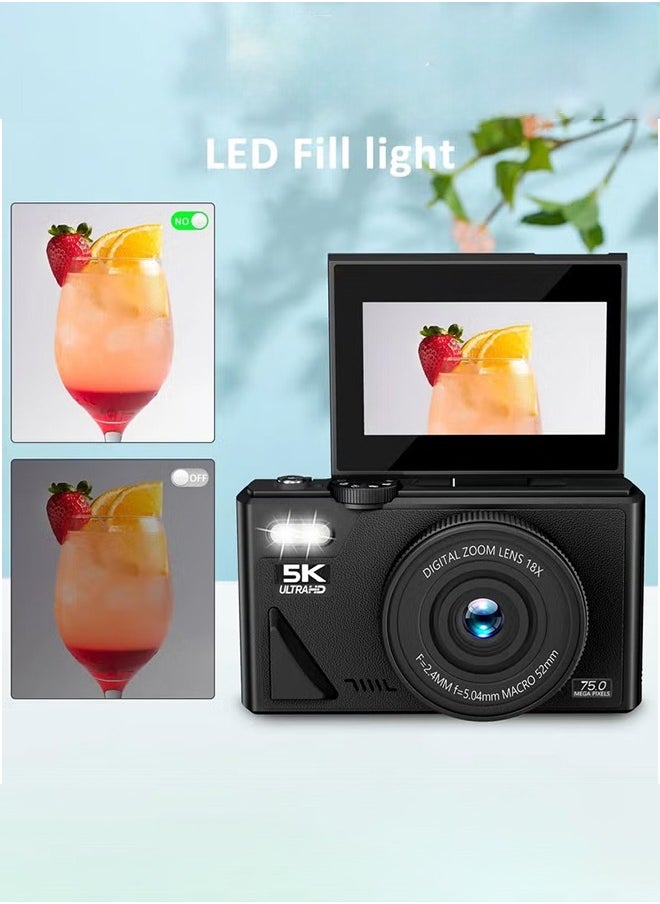 Digital Camera, 5K Cameras Digital with 64GB SD Card, 75MP Digital Camera for Photography and Video, 18X Digital Zoom Digital Camera with 3'' Flip Screen, 5K Vlogging Camera, Compact Anti Shake Vlogging Camera for Gift