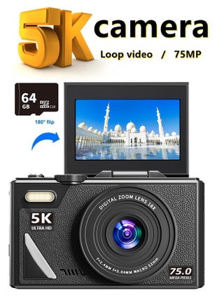 Digital Camera, 5K Cameras Digital with 64GB SD Card, 75MP Digital Camera for Photography and Video, 18X Digital Zoom Digital Camera with 3'' Flip Screen, 5K Vlogging Camera, Compact Anti Shake Vlogging Camera for Gift - pzsku/ZDB005C8DD32FEB748F24Z/45/1751248421/ec4b769d-4f72-4070-8956-986acd7970a7