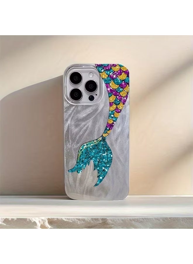 Temu Silver mermaid tail design phone case with vibrant, shimmering colors. Scratch and shock resistant. Perfect Christmas gift. Compatible with iPhone 16 Pro. - Image 1