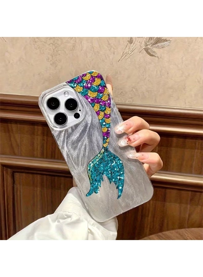 Temu Silver mermaid tail design phone case with vibrant, shimmering colors. Scratch and shock resistant. Perfect Christmas gift. Compatible with iPhone 16 Pro. - Image 2