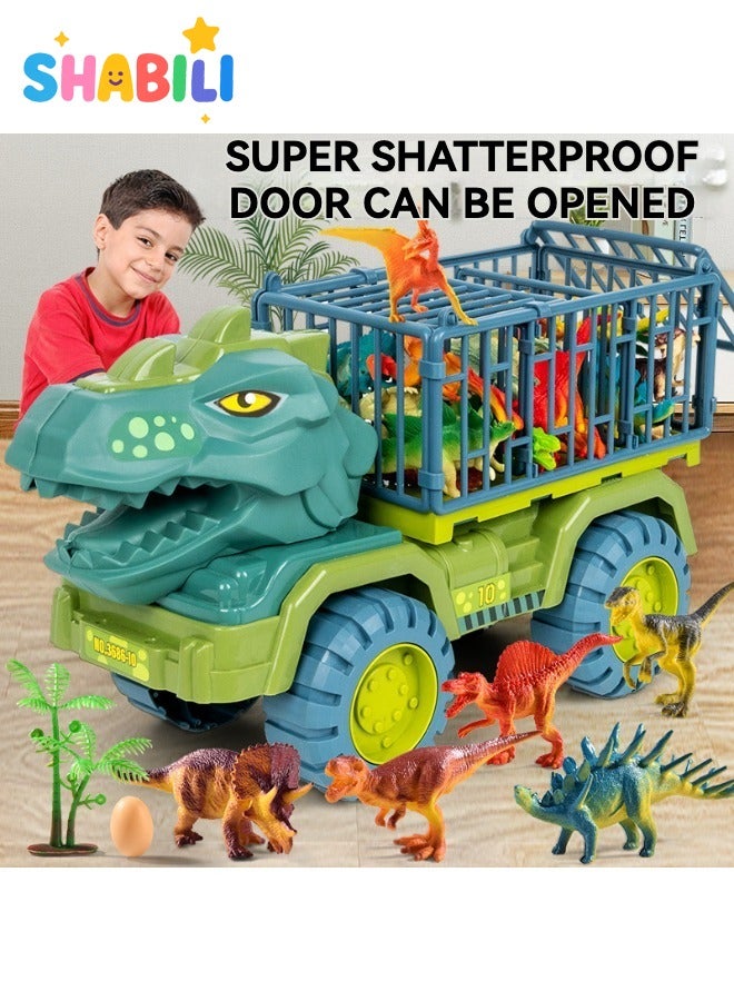 شبيلي شاحنة ديناصور كبيرة مع 15 ديناصور – سيارة نقل للأطفال بباب قفص قابل للفتح – دفع بالقصور الذاتي – هدية مثالية - Image 1