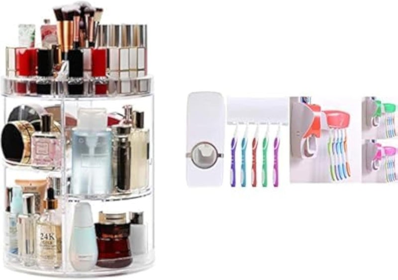 علبة مكياج دوارة Syntus 360 مصنوعة من الأكريليك السميك، قابلة للتعديل، شفافة، ذات سعة كبيرة، تتسع لفرش المكياج وأحمر الشفاه، بالإضافة إلى حامل للفرشاة ومعجون الأسنان.