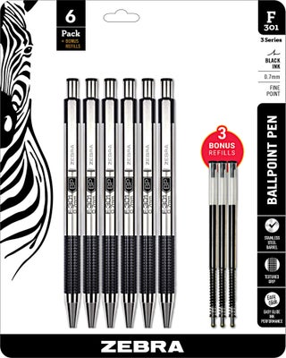 Zebra F-301 Ballpoint Stainless Steel Retractable Pen, Fine Point, 0.7mm, Black Ink, Combo Pack of 6 BLACK INK Metal Pens with 3 BLACK INK REFILLS, 0.7mm fine point pens with .7 mm F-301 Pen Refill - pzsku/ZDB0068140C8087FEF7E2Z/45/1749324276/3492abf3-d2cc-42fb-9cc6-edeeb11e0021