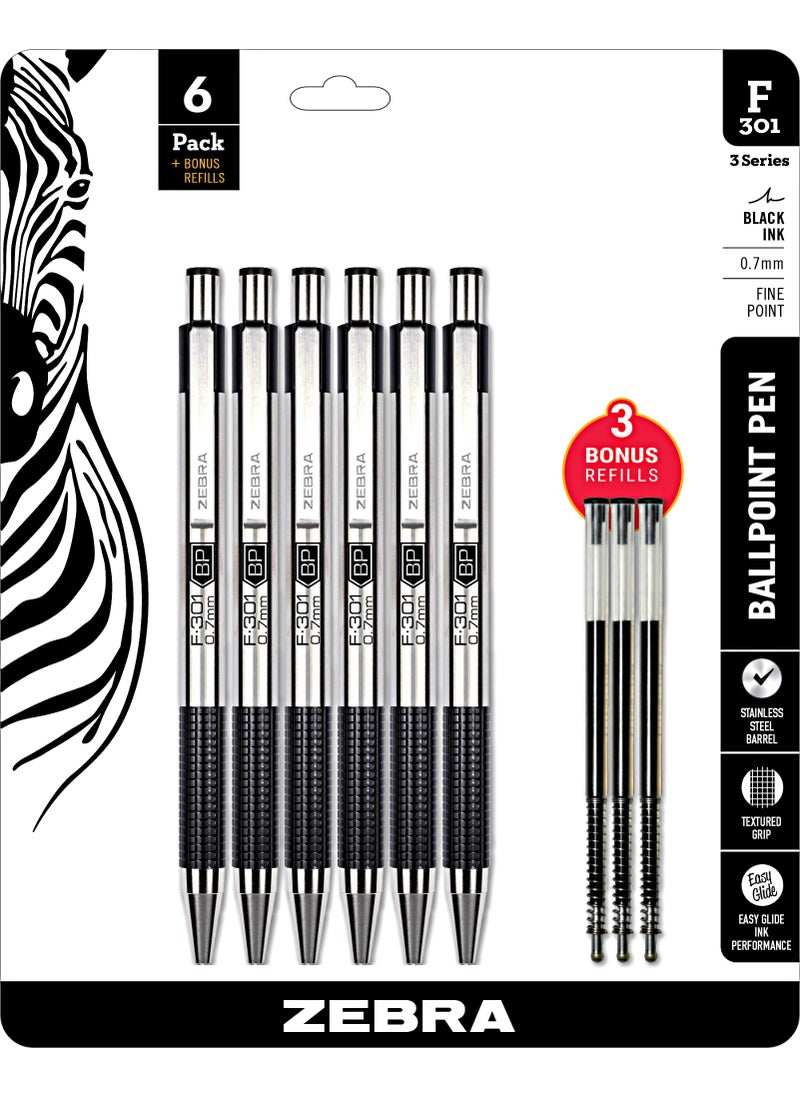ZEBRA Zebra F-301 Ballpoint Stainless Steel Retractable Pen, Fine Point, 0.7mm, Black Ink, Combo Pack of 6 BLACK INK Metal Pens with 3 BLACK INK REFILLS, 0.7mm fine point pens with .7 mm F-301 Pen Refill  - Image 1