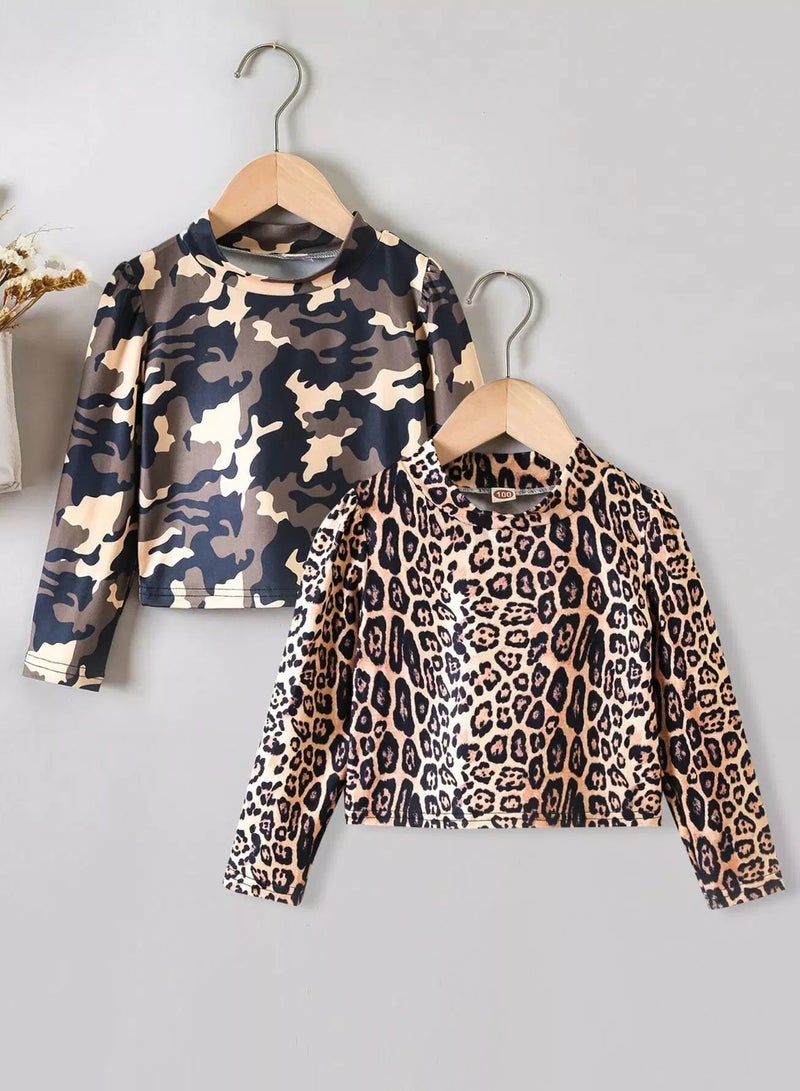 Toddler Girls 2pcs Leopard & Camo Print Puff Sleeve Tee 