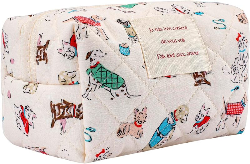 Cute Quilted Cotton Cosmetic Bag for Puppy Girl's Heart Travel Wash Storage Bag Thickened Shockproof White - Image 1