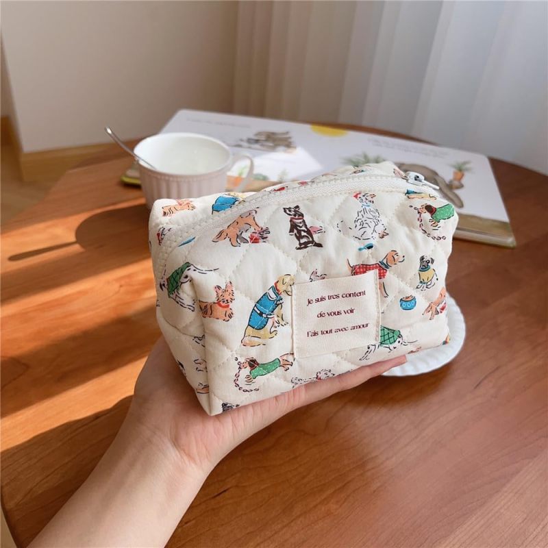 Cute Quilted Cotton Cosmetic Bag for Puppy Girl's Heart Travel Wash Storage Bag Thickened Shockproof White - Image 3