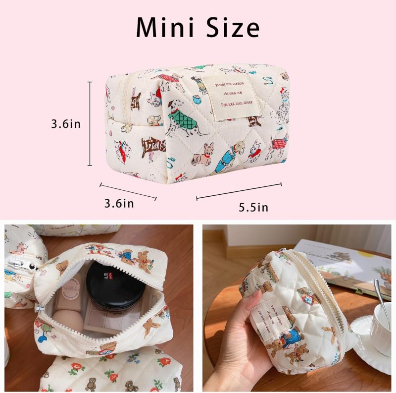 Cute Quilted Cotton Cosmetic Bag for Puppy Girl's Heart Travel Wash Storage Bag Thickened Shockproof White - Image 2